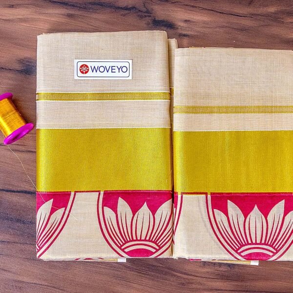 Lotus Design Mural Print Kerala Tissue Set Mundu