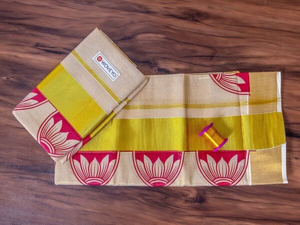Lotus Design Mural Print Kerala Tissue Set Mundu - Image 2