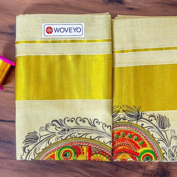 Theyyam Design Mural Print Kerala Tissue Set Mundu