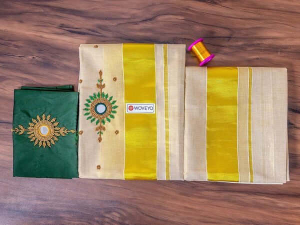 Embroidery Kerala Tissue Set Mundu with Matching Blouse