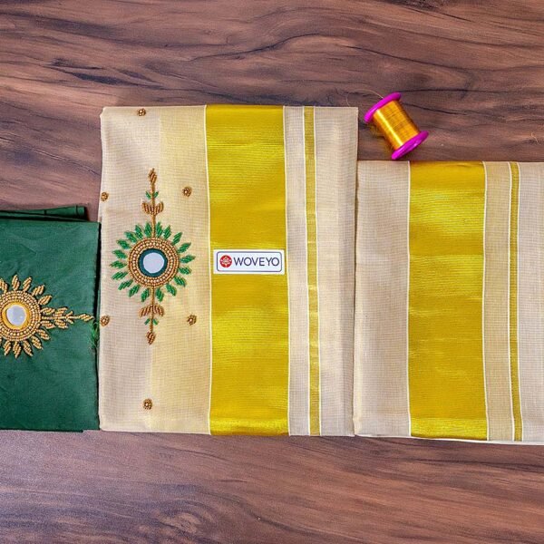 Embroidery Kerala Tissue Set Mundu with Matching Blouse