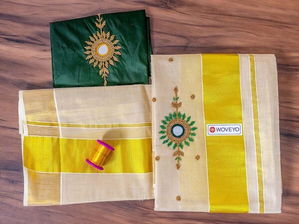 Embroidery Kerala Tissue Set Mundu with Matching Blouse - Image 2