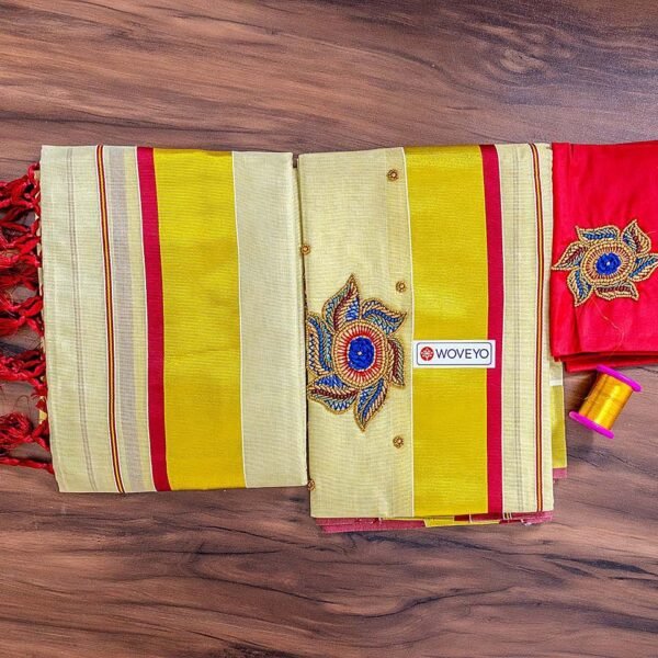 Embroidery Kerala Tissue Set Mundu with Matching Blouse & Tassels