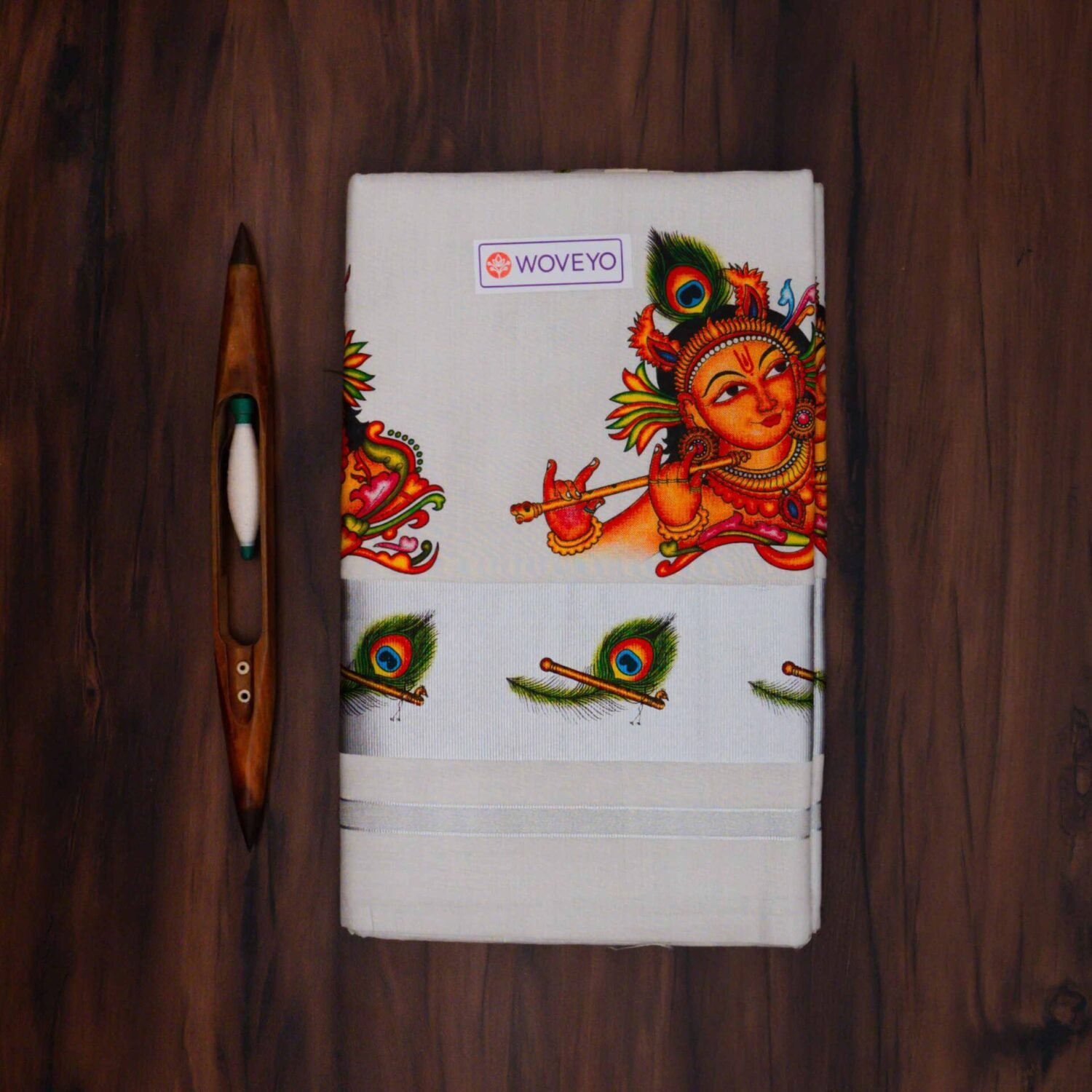 Kerala Silver Tissue Saree with Mural Print