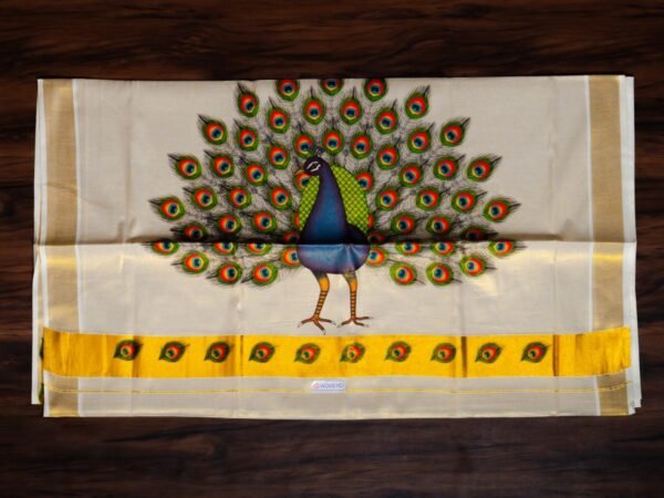 Peacock Floral Print Kerala Tissue Saree - Image 2