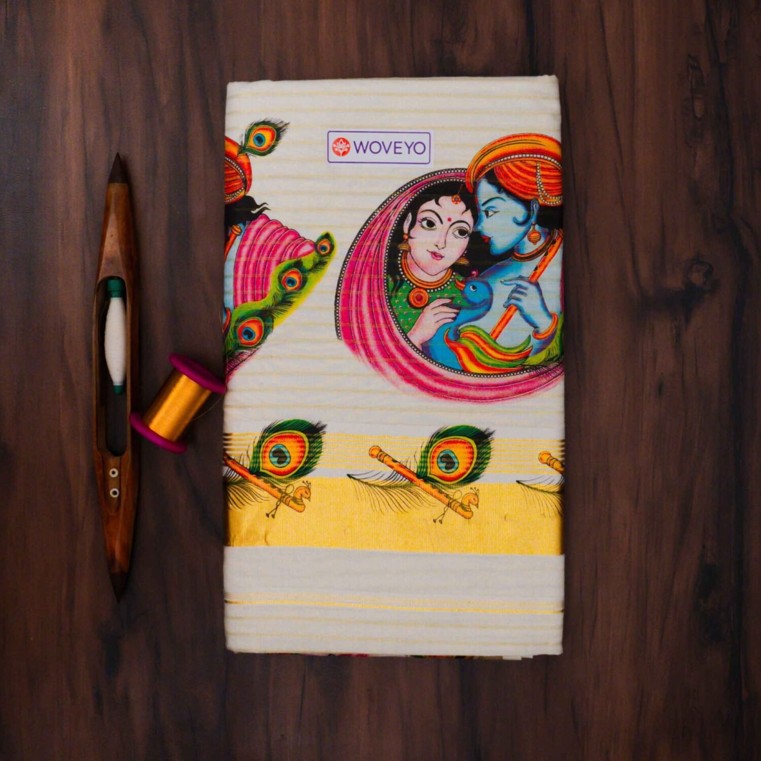 Premium Radha Krishna Mural Print Kerala Tissue Saree with Stripes