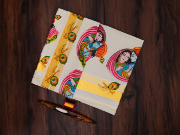 Premium Radha Krishna Mural Print Kerala Tissue Saree with Stripes - Image 2