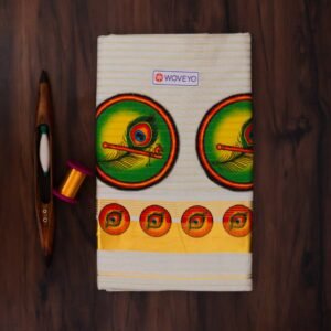 Premium Peacock Leaf Mural Print Kerala Tissue Saree with Stripes