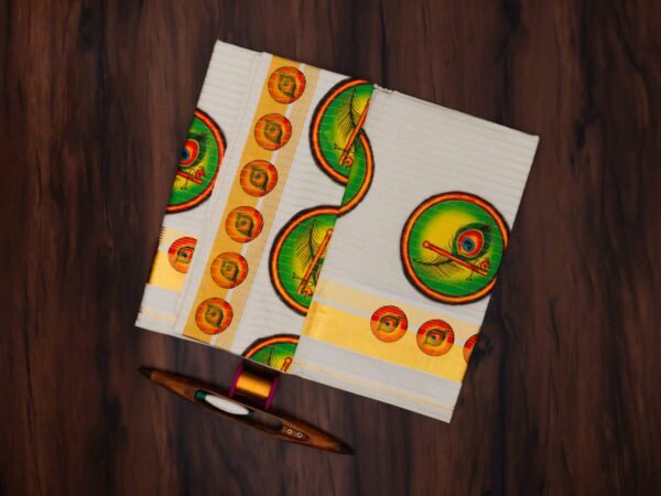 Premium Peacock Leaf Mural Print Kerala Tissue Saree with Stripes - Image 2