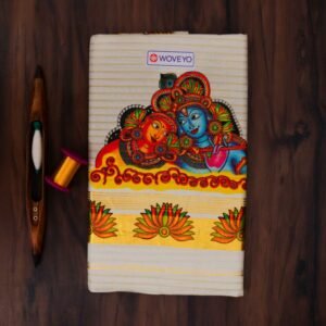 Premium Radha Krishna Mural Print Kerala Tissue Saree with Stripes