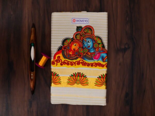 Premium Radha Krishna Mural Print Kerala Tissue Saree with Stripes