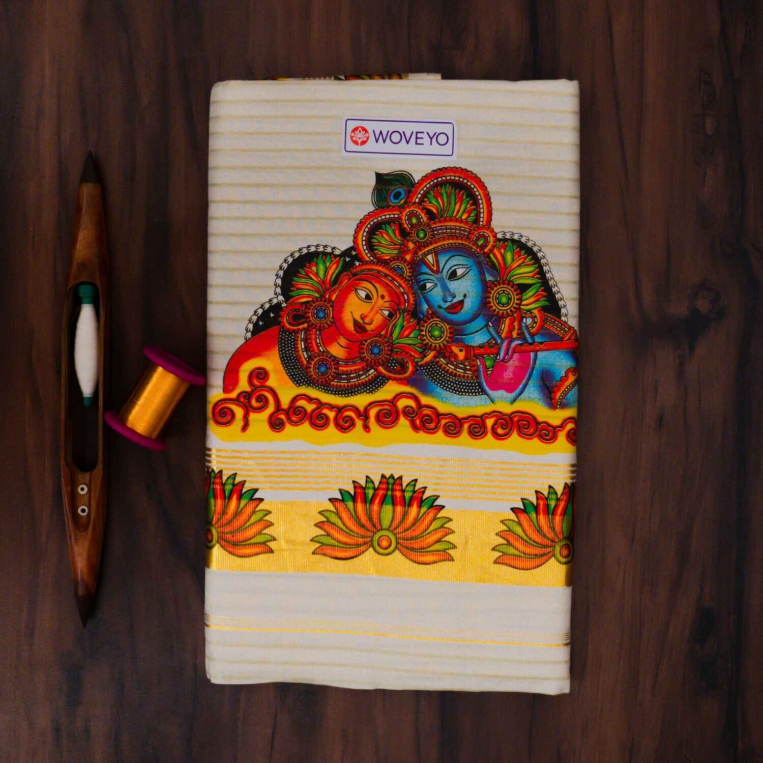 Premium Radha Krishna Mural Print Kerala Tissue Saree with Stripes