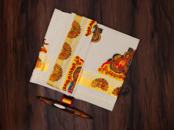 Premium Radha Krishna Mural Print Kerala Tissue Saree with Stripes - Image 2