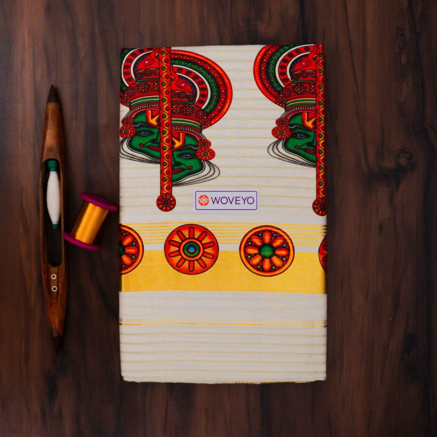 Premium Kathakali Mural Print Kerala Tissue Saree with Stripes