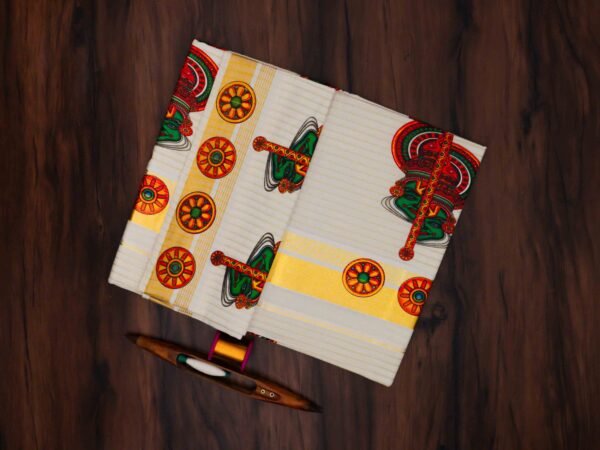 Premium Kathakali Mural Print Kerala Tissue Saree with Stripes - Image 2