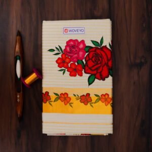 Premium Floral Mural Print Kerala Tissue Saree with Stripes