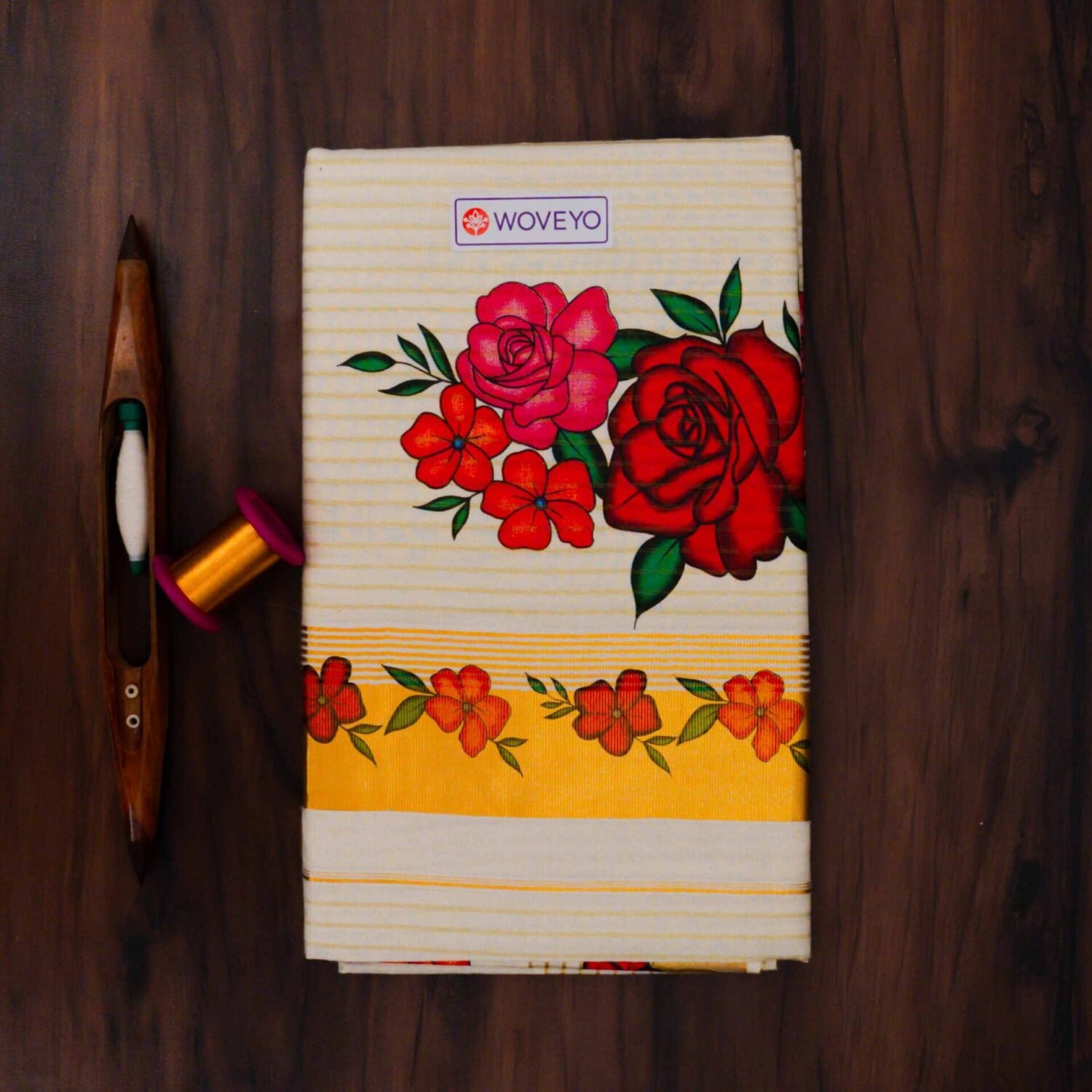 Premium Floral Mural Print Kerala Tissue Saree with Stripes
