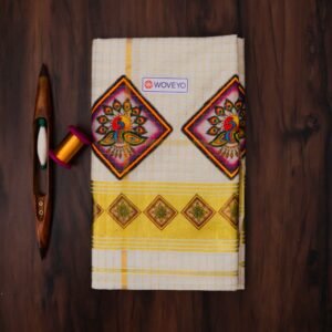 Premium Peacock Mural Print Kerala Tissue Saree with Checks