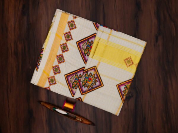 Premium Peacock Mural Print Kerala Tissue Saree with Checks - Image 2