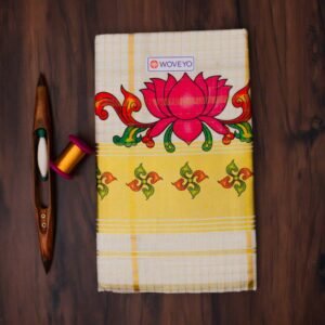 Premium Lotus Mural Print Kerala Tissue Saree with Checks