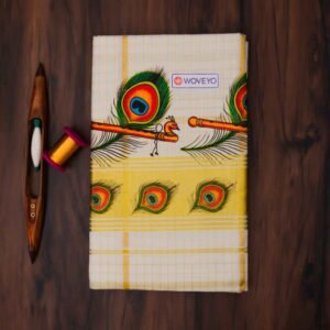 Premium Peacock Leaf Mural Print Kerala Tissue Saree with Checks