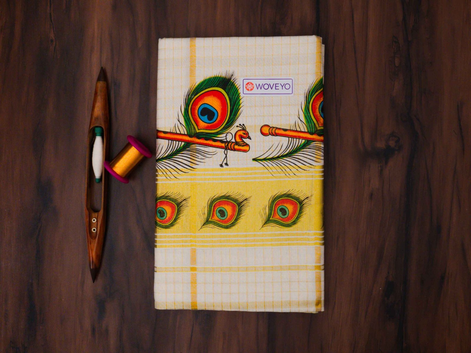 Premium Peacock Leaf Mural Print Kerala Tissue Saree with Checks