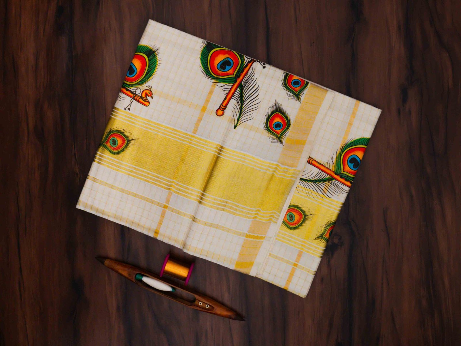 Premium Peacock Leaf Mural Print Kerala Tissue Saree with Checks - Image 2