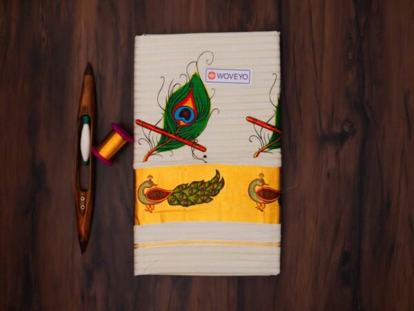 Premium Peacock Mural Print Kerala Tissue Saree with Stripes