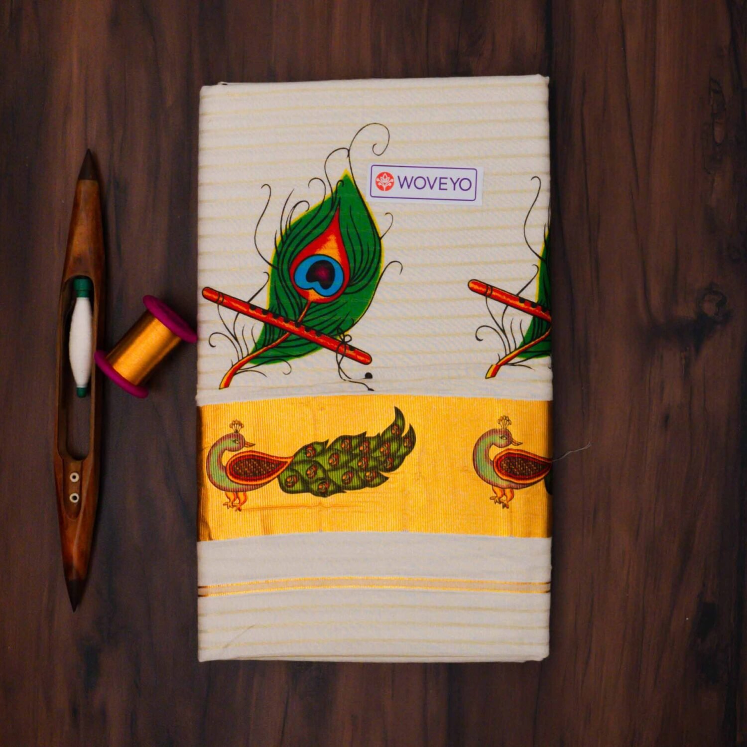 Premium Peacock Mural Print Kerala Tissue Saree with Stripes