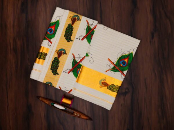 Premium Peacock Mural Print Kerala Tissue Saree with Stripes - Image 2