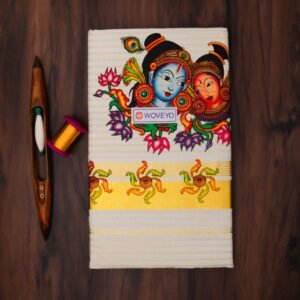 Premium Radha Krishna Mural Print Kerala Tissue Saree with Stripes