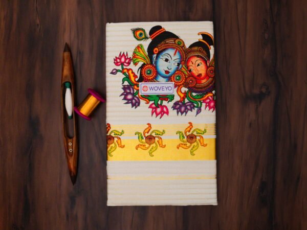 Premium Radha Krishna Mural Print Kerala Tissue Saree with Stripes