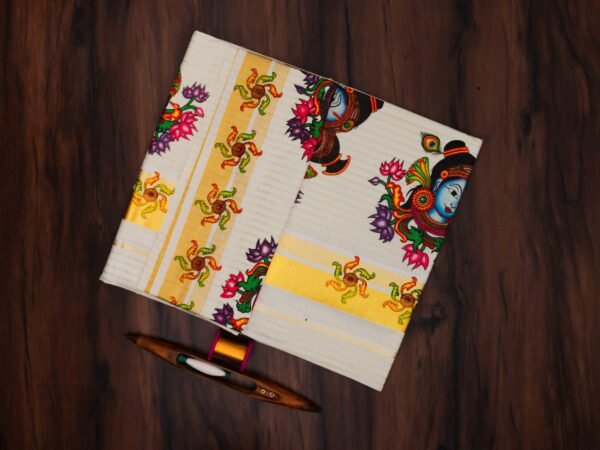 Premium Radha Krishna Mural Print Kerala Tissue Saree with Stripes - Image 2