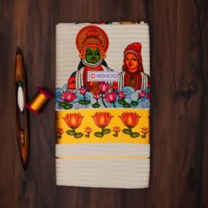 Premium Kathakali Mural Print Kerala Tissue Saree with Stripes