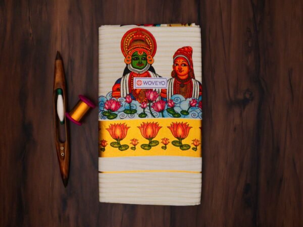 Premium Kathakali Mural Print Kerala Tissue Saree with Stripes