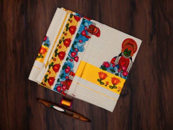 Premium Kathakali Mural Print Kerala Tissue Saree with Stripes - Image 2
