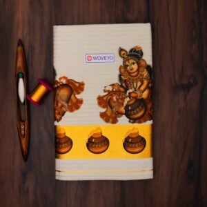 Premium Krishna Mural Print Kerala Tissue Saree with Stripes