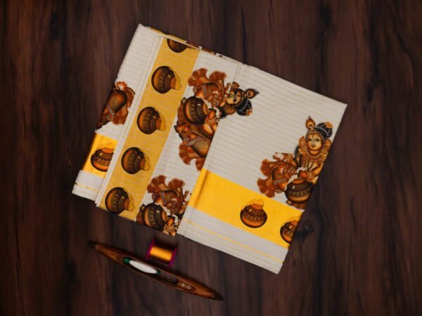 Premium Krishna Mural Print Kerala Tissue Saree with Stripes - Image 2