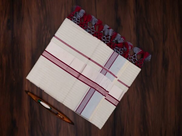 Premium Silver Zari Kerala Tissue Saree with Stripes - Image 2