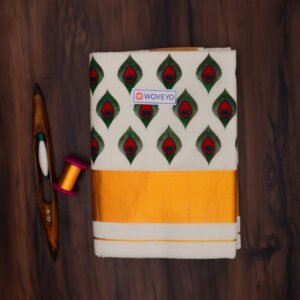 Peacock Leaf Mural Print Kerala Cotton Saree