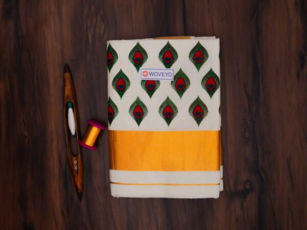 Peacock Leaf Mural Print Kerala Cotton Saree
