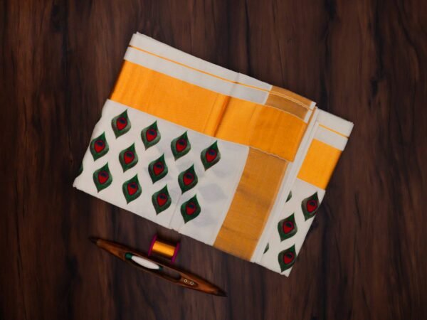 Peacock Leaf Mural Print Kerala Cotton Saree - Image 2