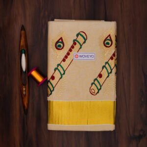 Flute with Peacock Feather Tissue Embroidered Kerala Saree