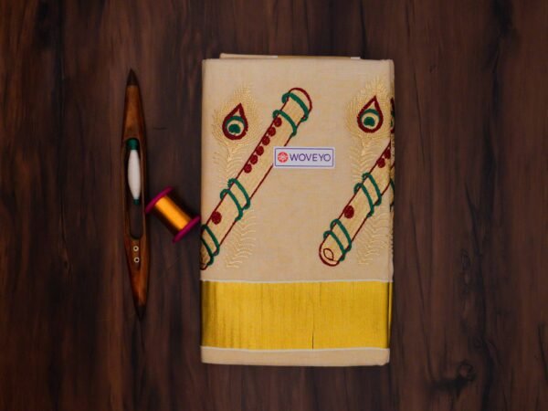 Flute with Peacock Feather Tissue Embroidered Kerala Saree