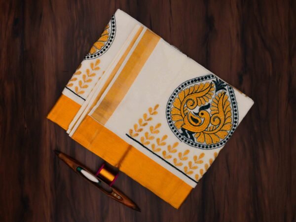 Peacock Embroidered Kerala Saree - Image 2