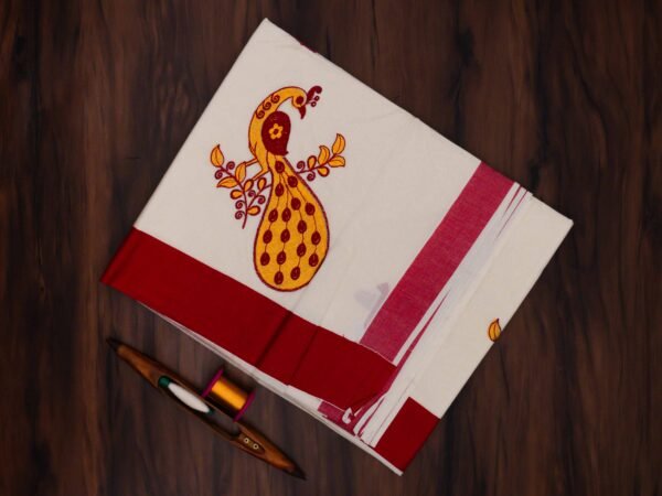 Peacock Embroidered Kerala Cotton Saree - Image 2
