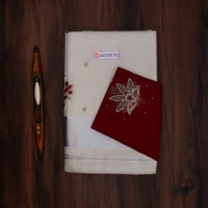 Premium Silver Tissue Embroidered Kerala Saree with Additional Blouse