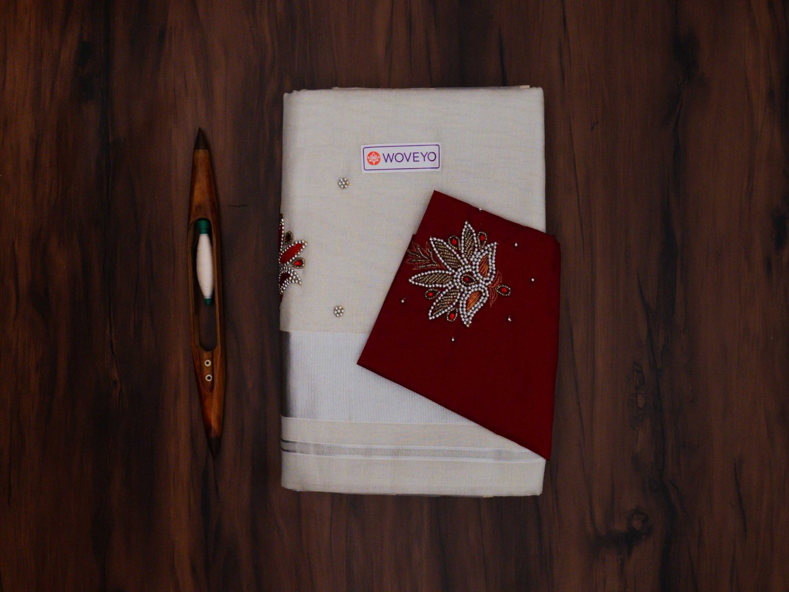 Premium Silver Tissue Embroidered Kerala Saree with Additional Blouse