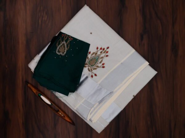 Premium Silver Tissue Embroidered Kerala Saree with Additional Blouse - Image 2
