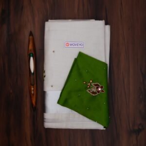 Premium Silver Tissue Embroidered Kerala Saree with Additional Blouse